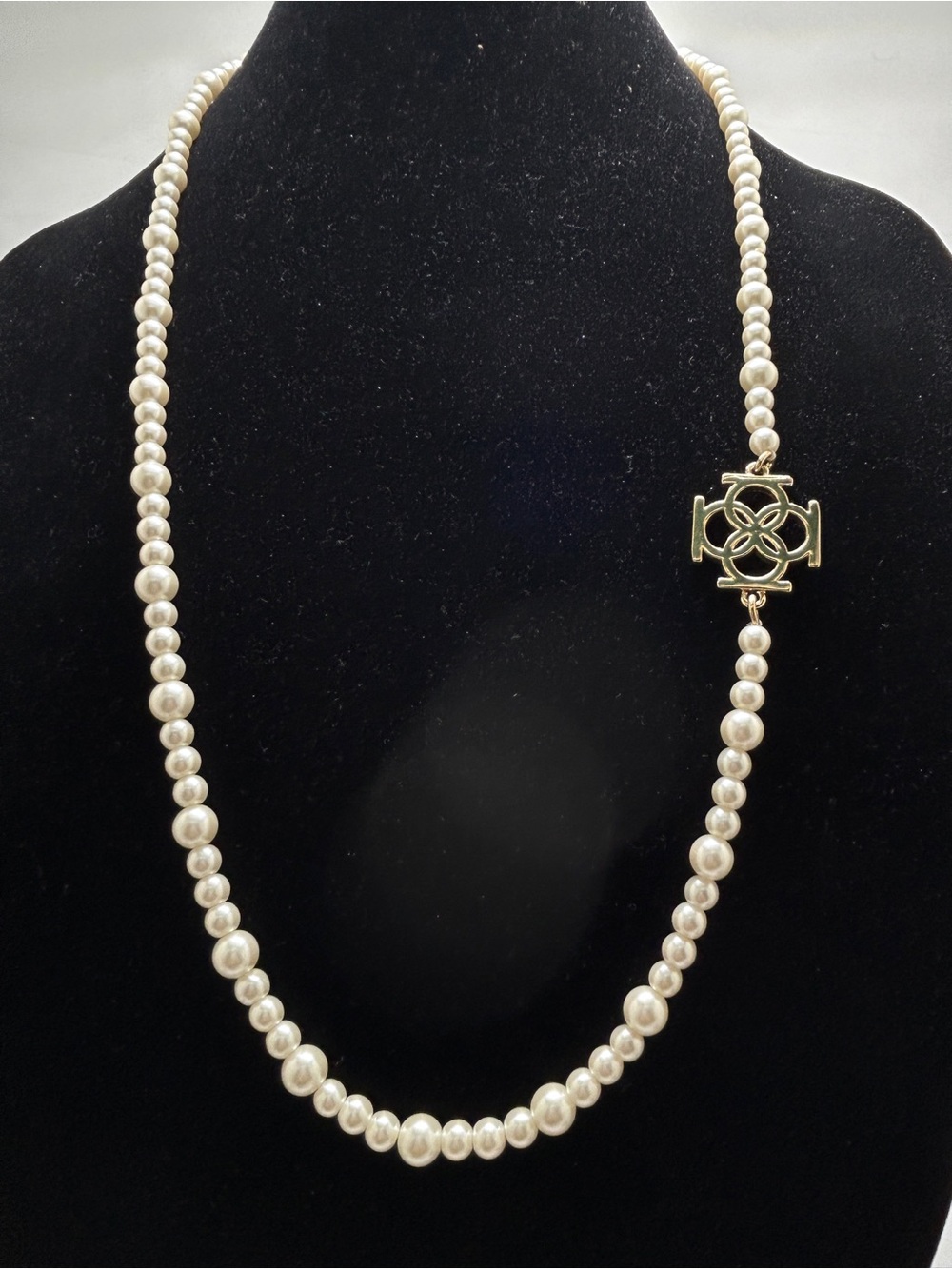 Ann Taylor, Long White Pearl Necklace With Gold Logo Charm, IOB